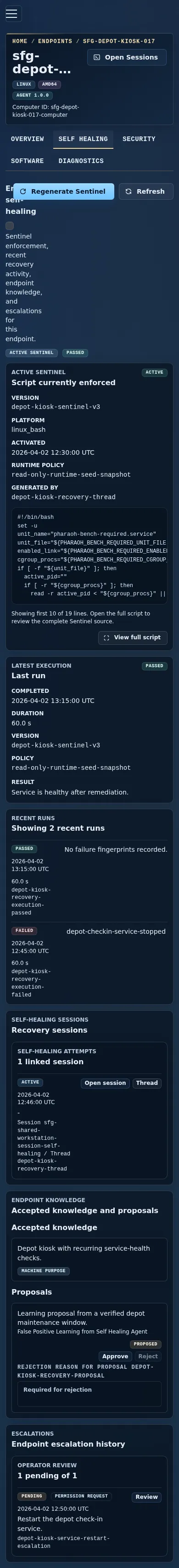 Mobile endpoint detail page showing the Sentinel panel and follow-up links.