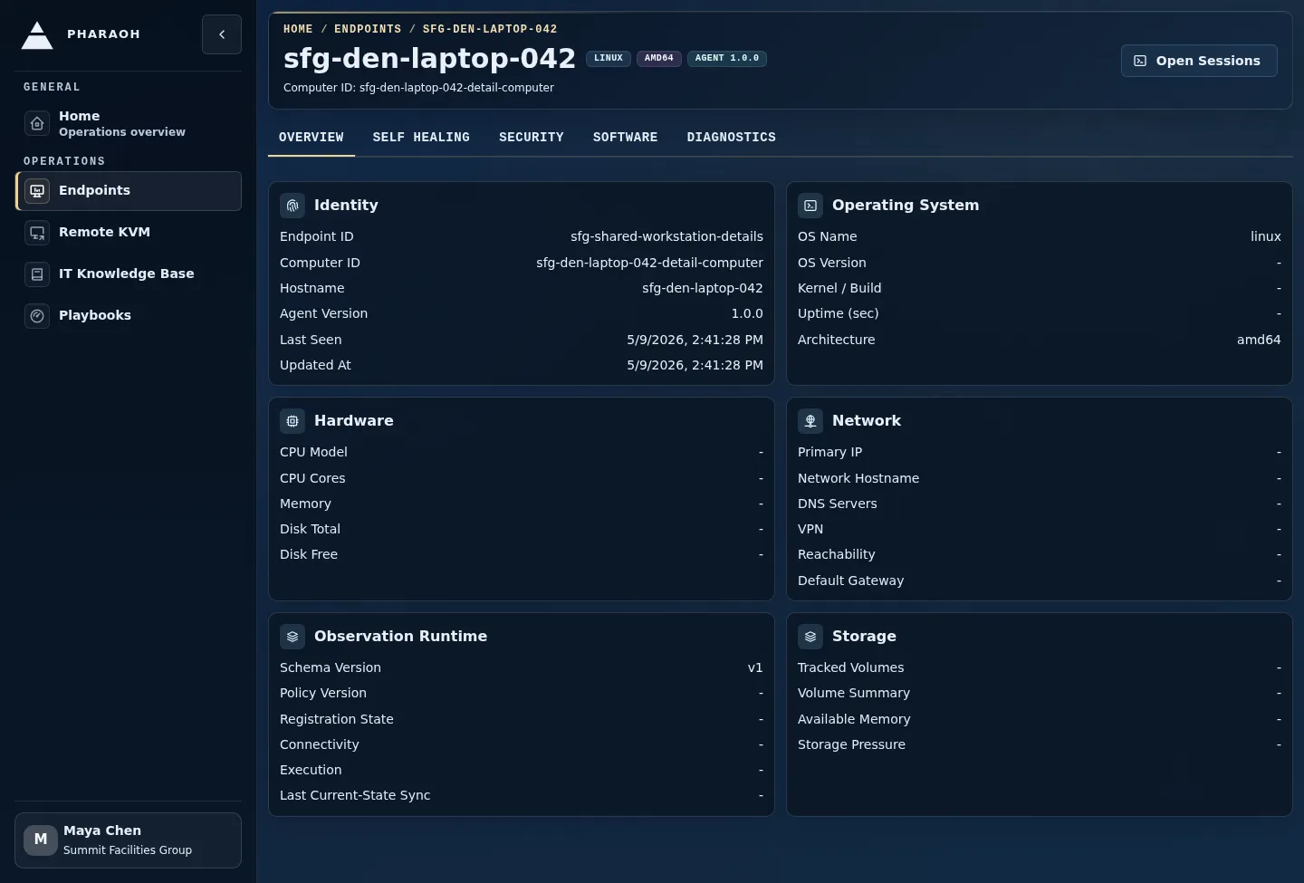 Endpoint details page showing identity, Last Seen, Sentinel context, tabs, and the Open Sessions handoff.