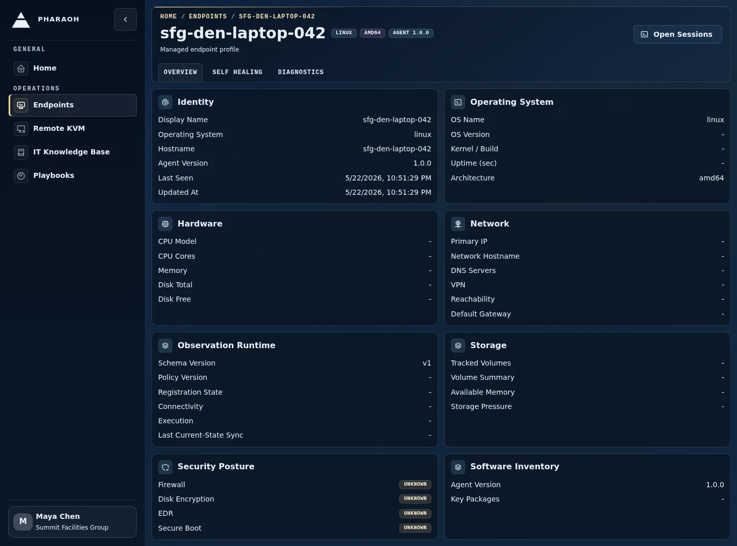 Endpoint details page showing identity, Last Seen, Sentinel context, tabs, and the Open Sessions handoff.