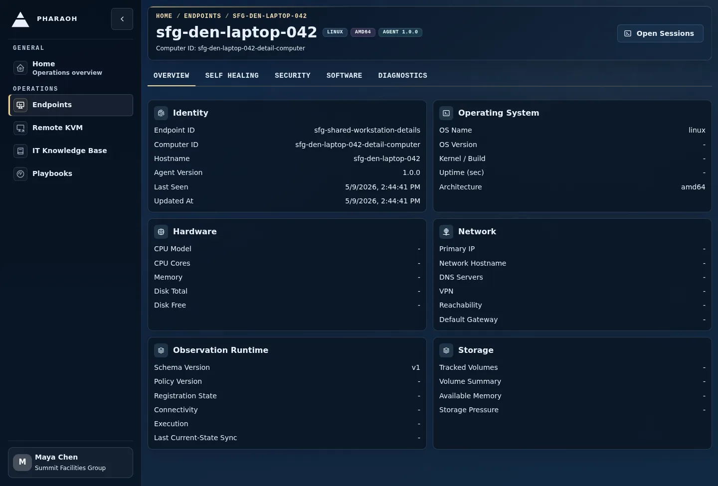 Endpoint details page showing identity, Last Seen, Sentinel context, tabs, and the Open Sessions action.