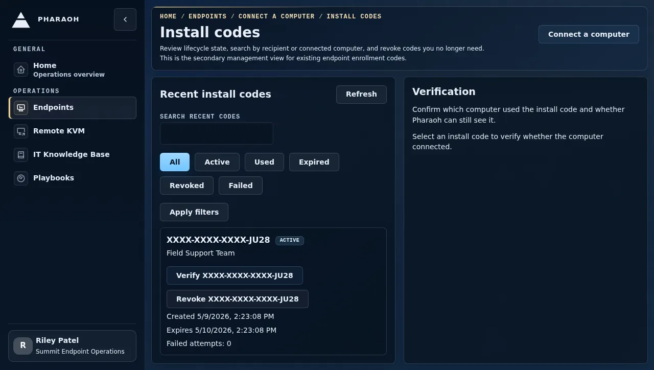Install codes management page showing recent code status, filters, and revoke actions.