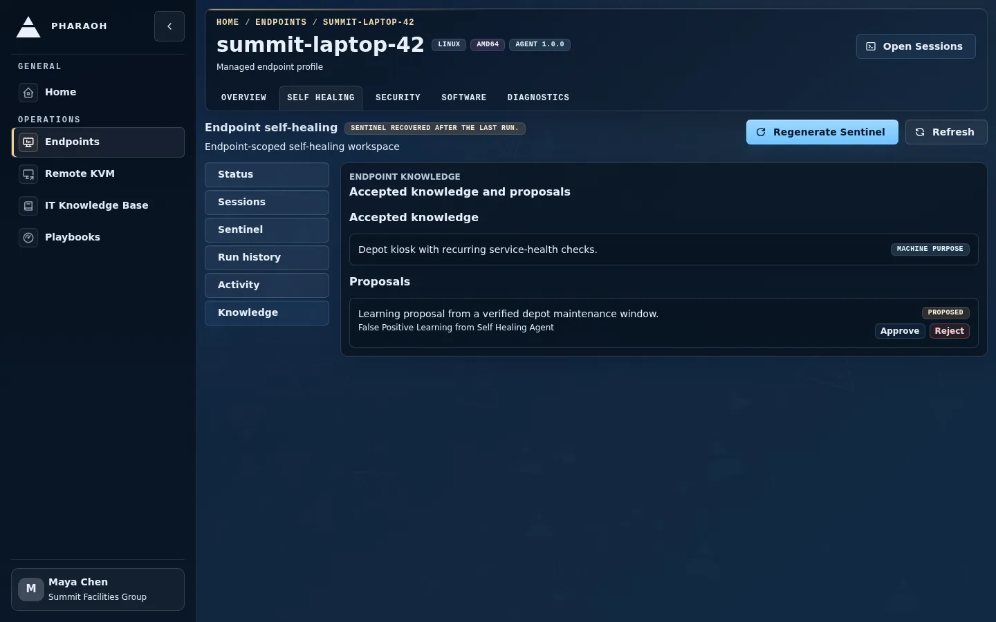 Endpoint self-healing Knowledge view showing accepted knowledge and pending proposals.