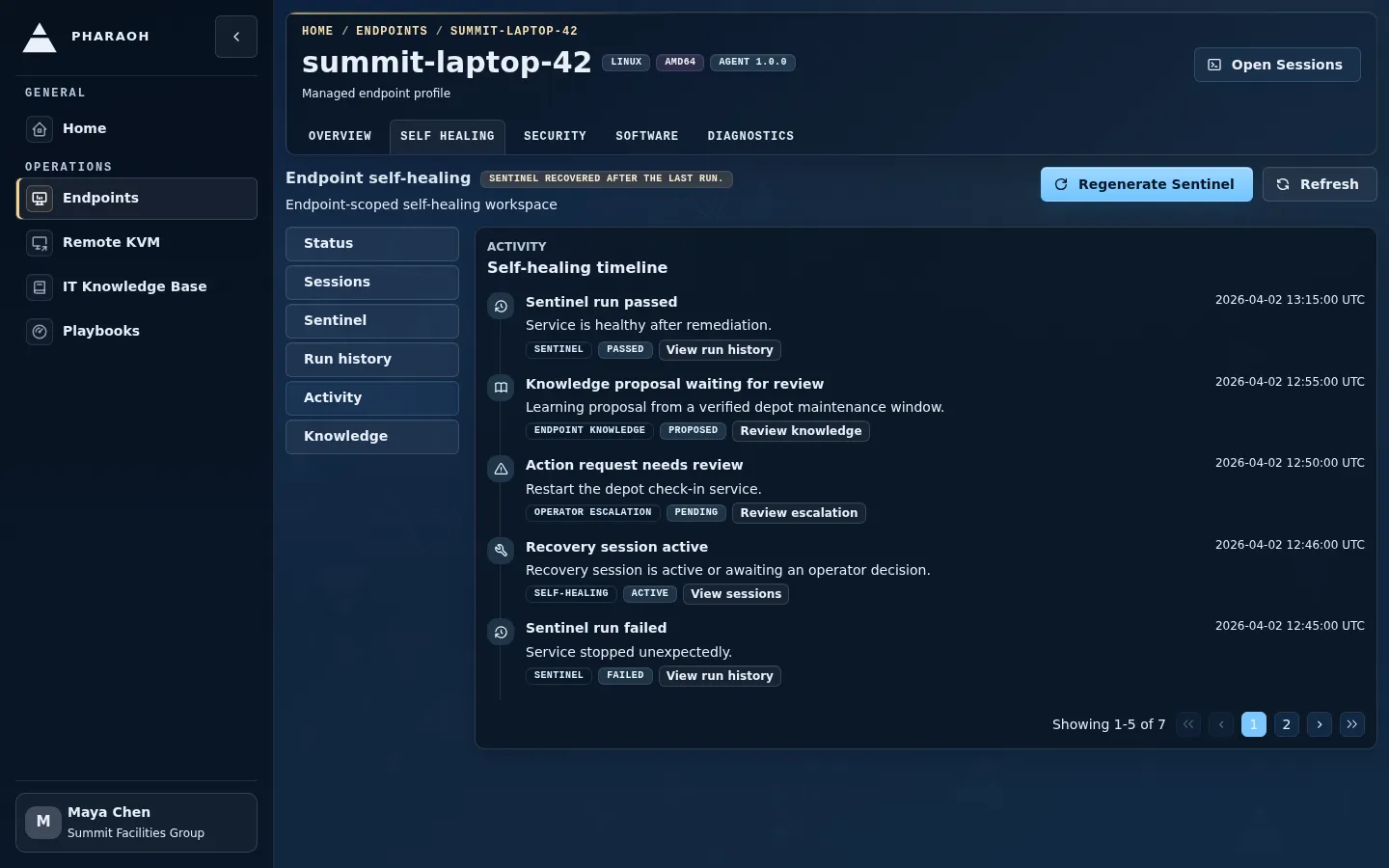 Endpoint self-healing Activity view showing the paginated event timeline.
