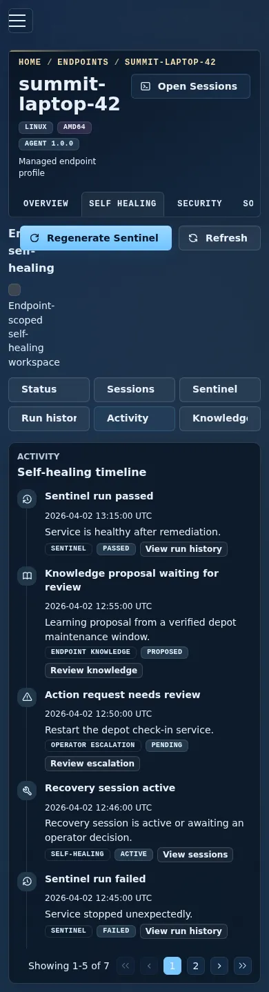 Mobile endpoint self-healing Activity view showing the paginated event timeline.