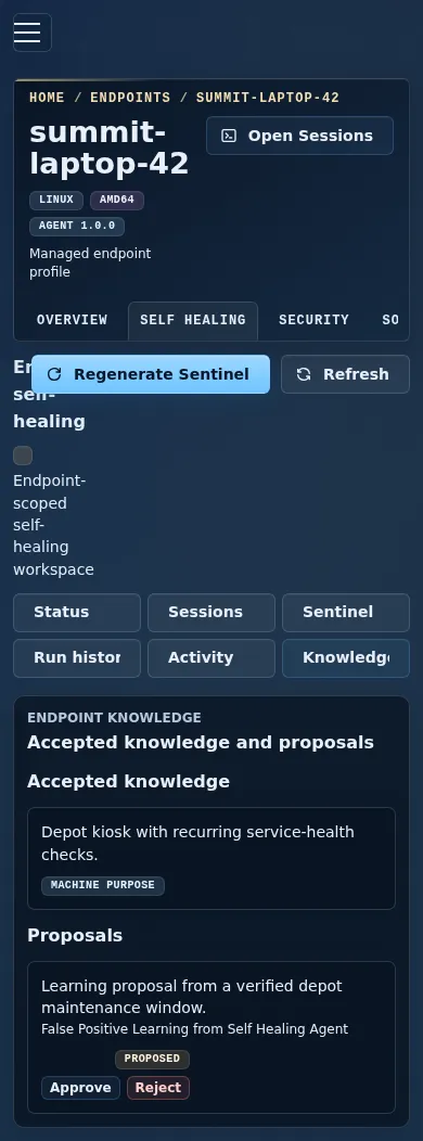 Mobile endpoint self-healing Knowledge view showing accepted knowledge and pending proposals.