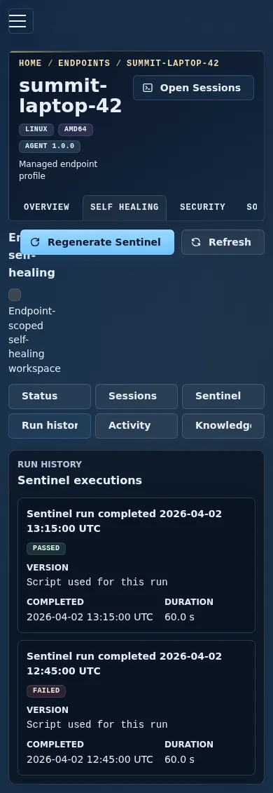 Mobile endpoint self-healing Run history view showing Sentinel execution history.