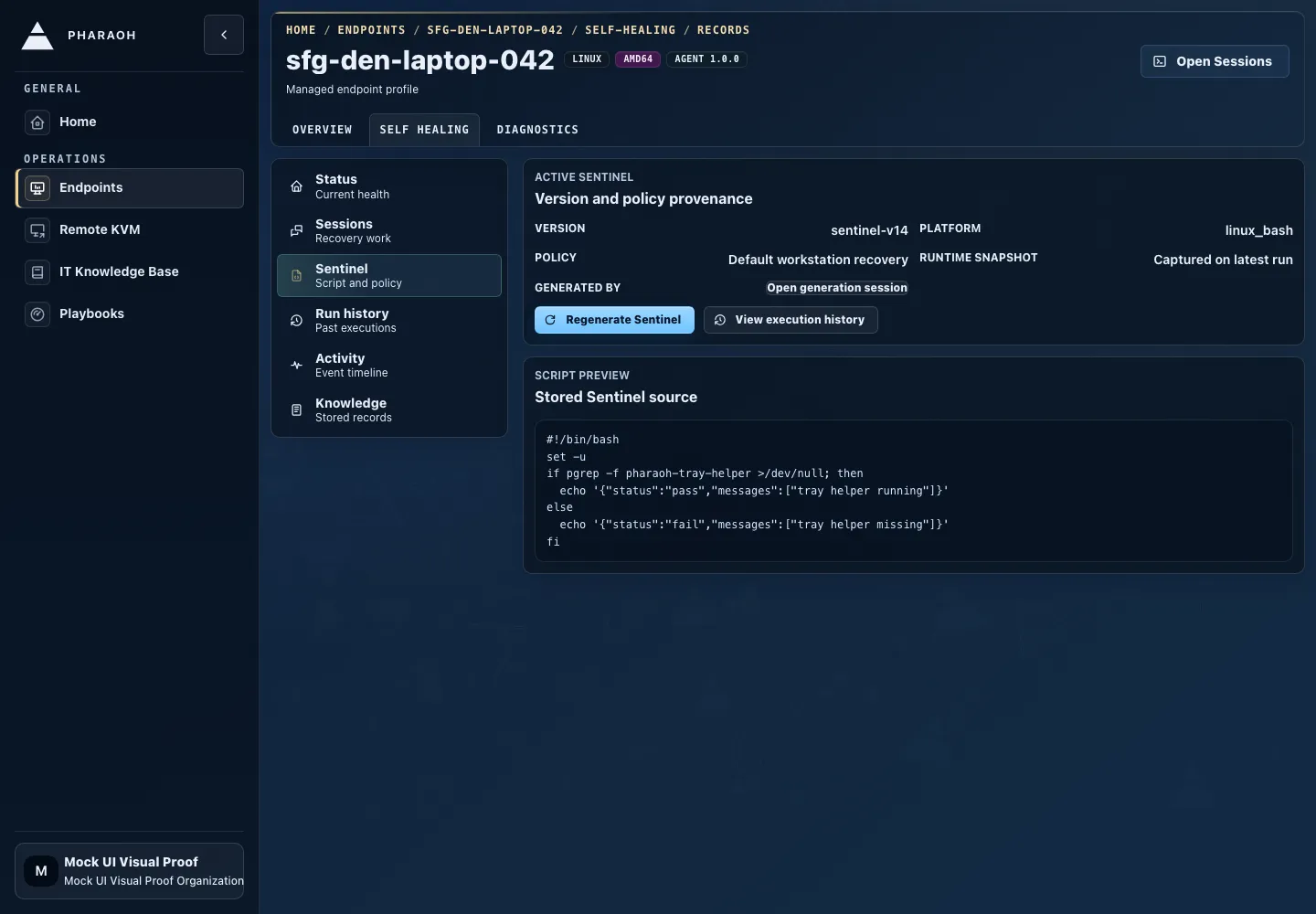 Endpoint self-healing Sentinel view showing active provenance and source.