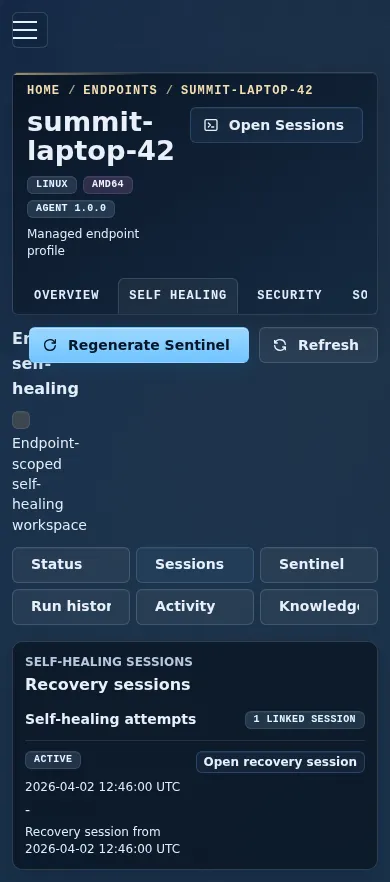 Mobile endpoint self-healing Sessions view showing linked recovery work.