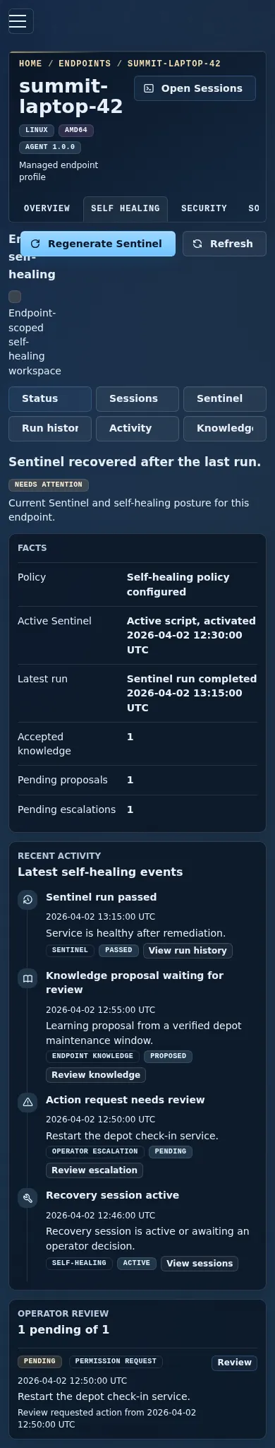 Mobile endpoint self-healing Status view showing current health and facts.
