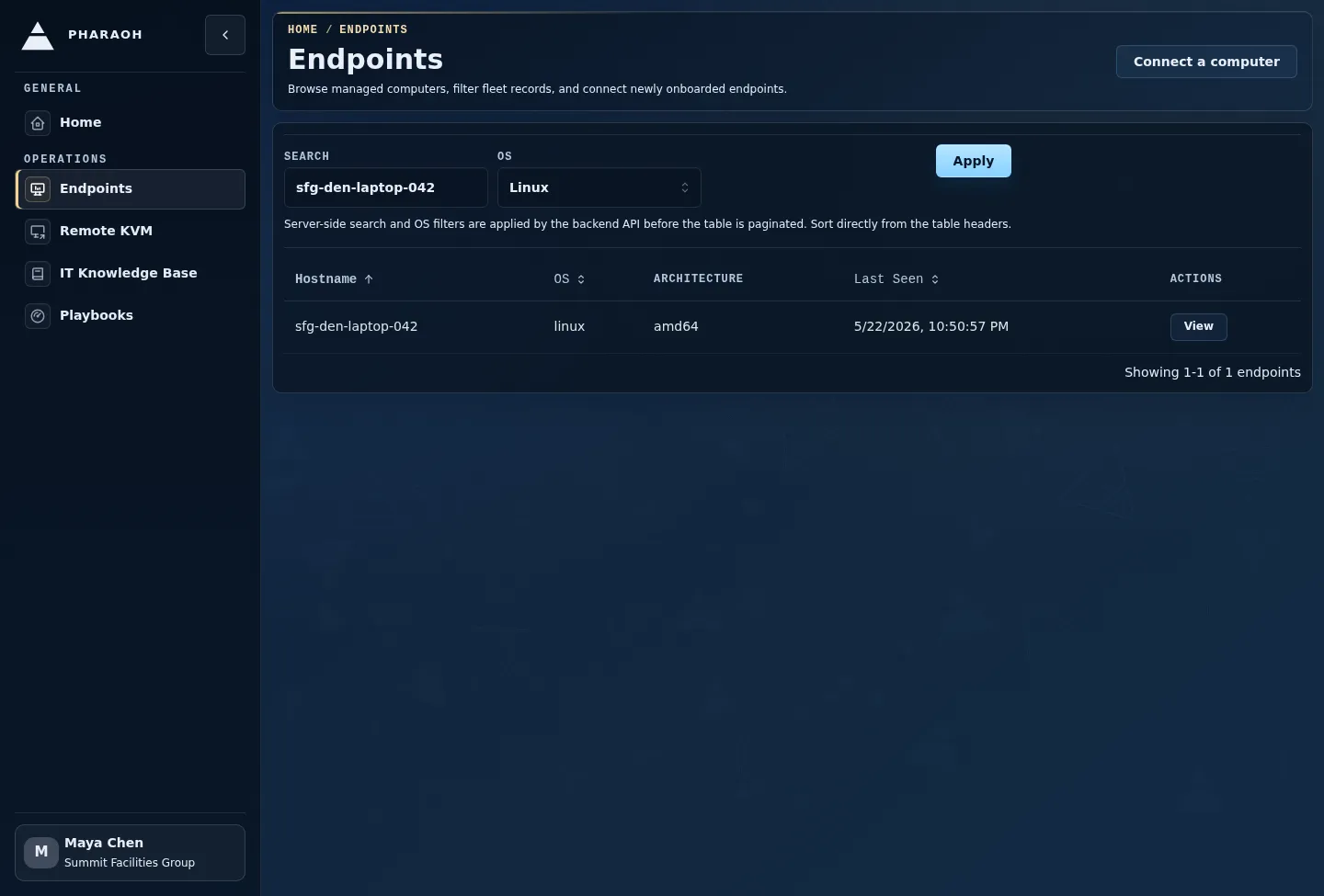 Filtered endpoint inventory showing Last Seen context while narrowing the endpoint list.