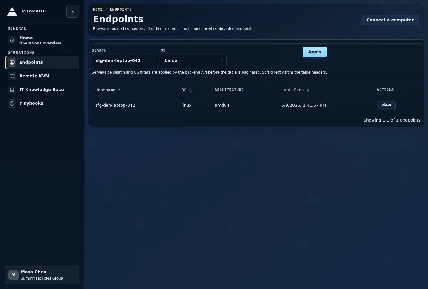 Filtered endpoint inventory with the search field, Linux OS filter, Apply action, and one matching endpoint row.