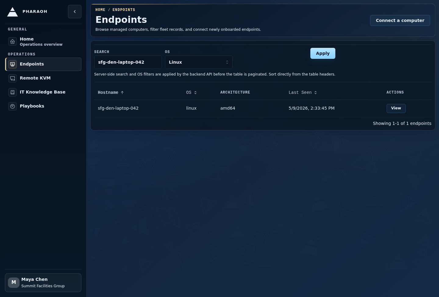 Filtered endpoint inventory showing an admin narrowing the list before opening a machine