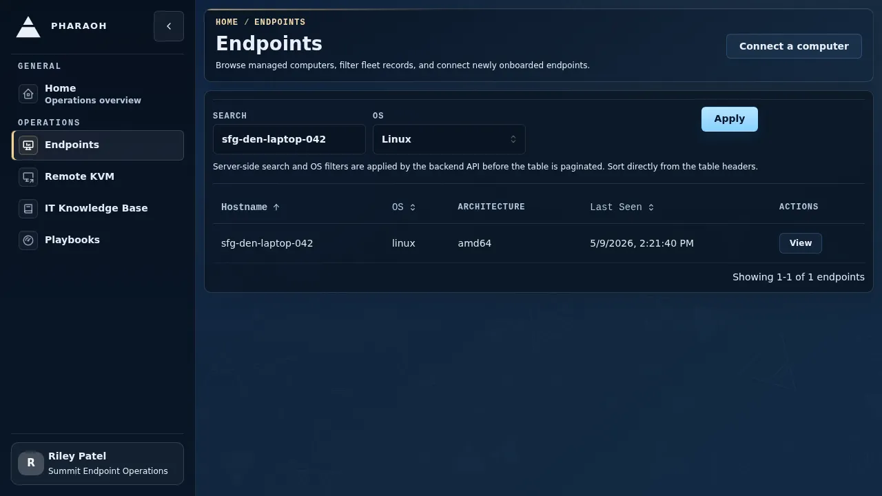 Filtered endpoint inventory showing the operator narrowing the list before opening a machine.