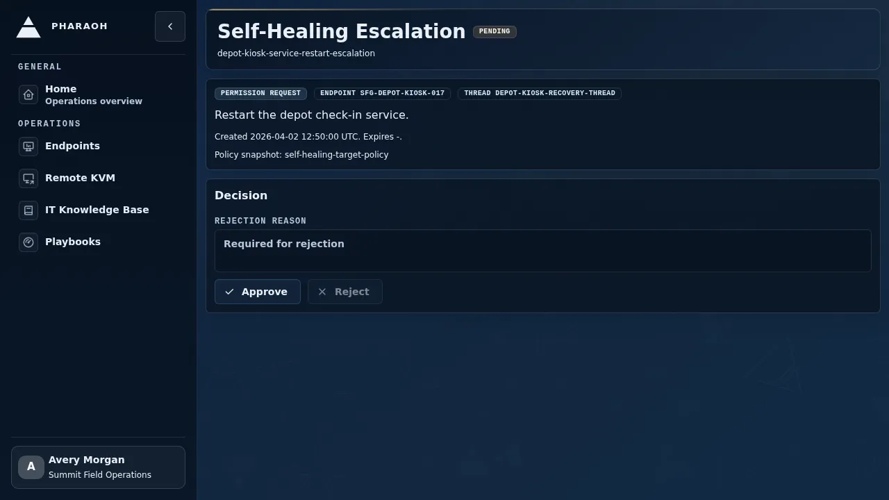 Escalation review detail showing the requested action, policy snapshot, and decision controls.
