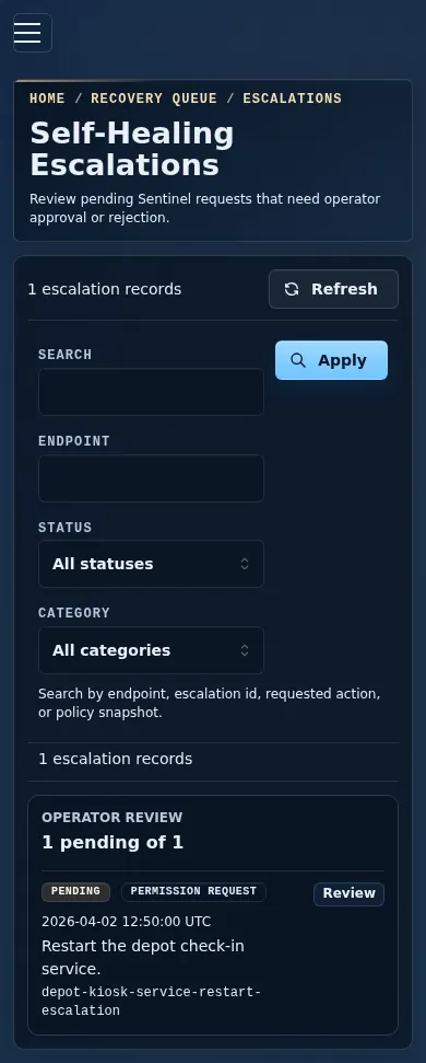 Mobile escalation queue showing pending review rows and filters.