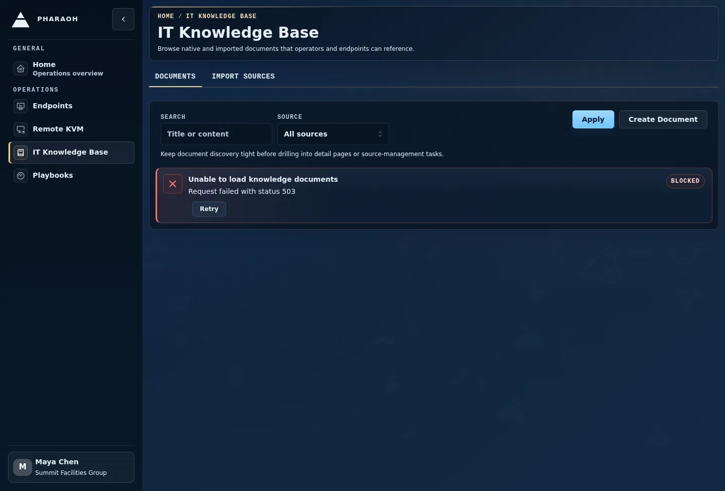 IT Knowledge Base documents tab showing a list loading error while the page shell and filters remain available.
