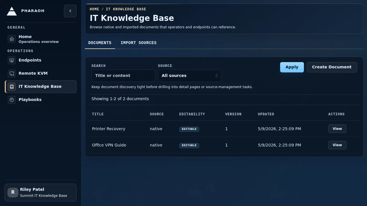IT Knowledge Base documents tab showing seeded documents and the source filter.