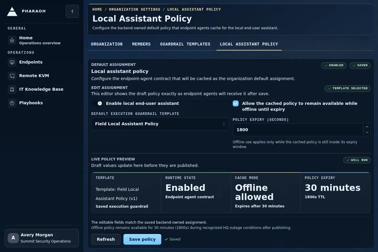 Local assistant policy page showing the saved policy beside the editable assignment controls.