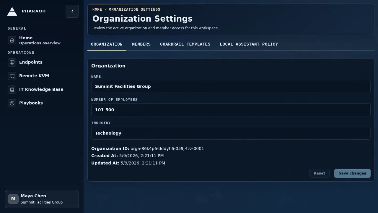 Organization Settings page showing organization identity details and the members table for the active organization.