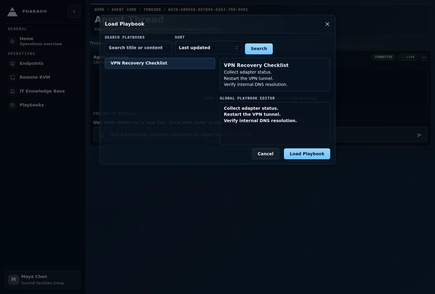 Load Playbook picker showing searchable Playbooks, preview, global editor, and the Load Playbook action.
