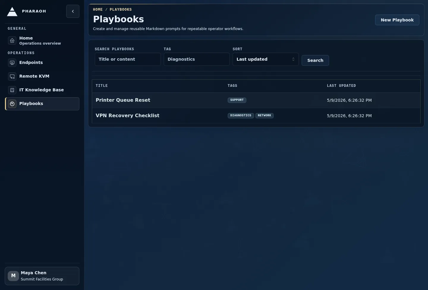 Playbooks list showing search, tag filtering, sort controls, and reusable operator prompts.