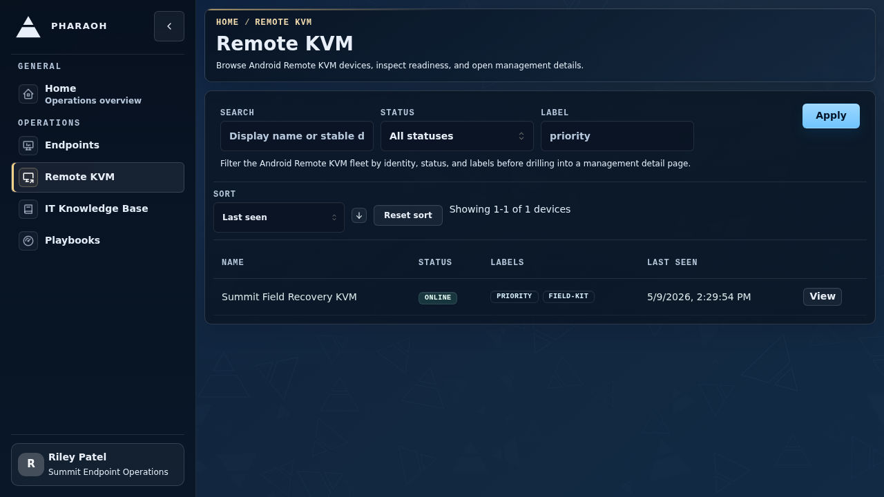 Remote KVM inventory with a seeded recovery KVM record visible