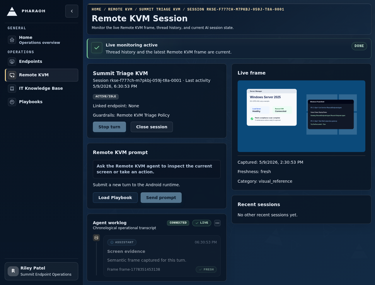 Remote KVM session workspace with live screen monitoring