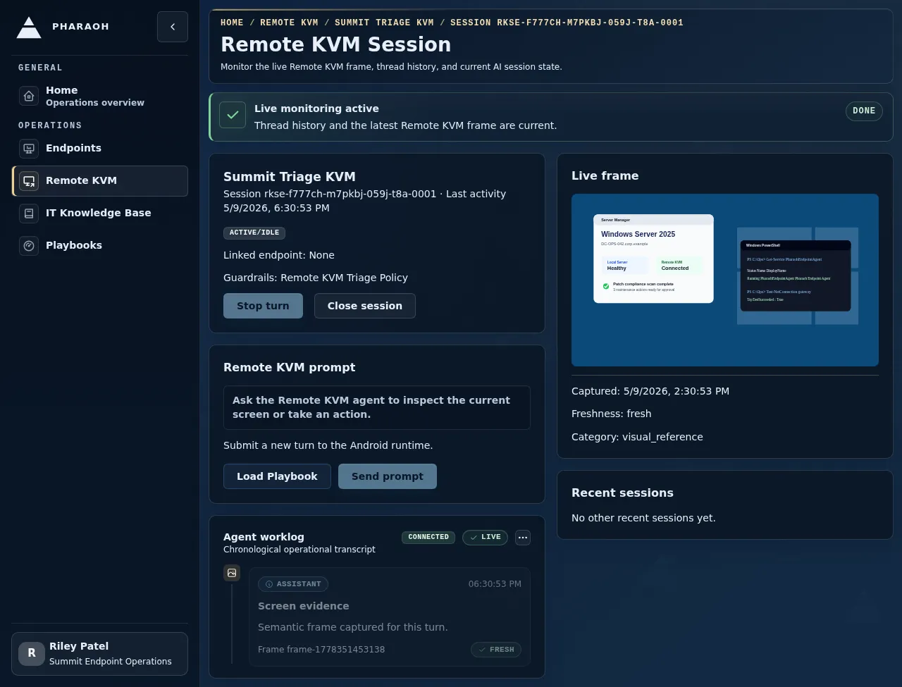 Remote KVM session workspace with live frame monitoring.