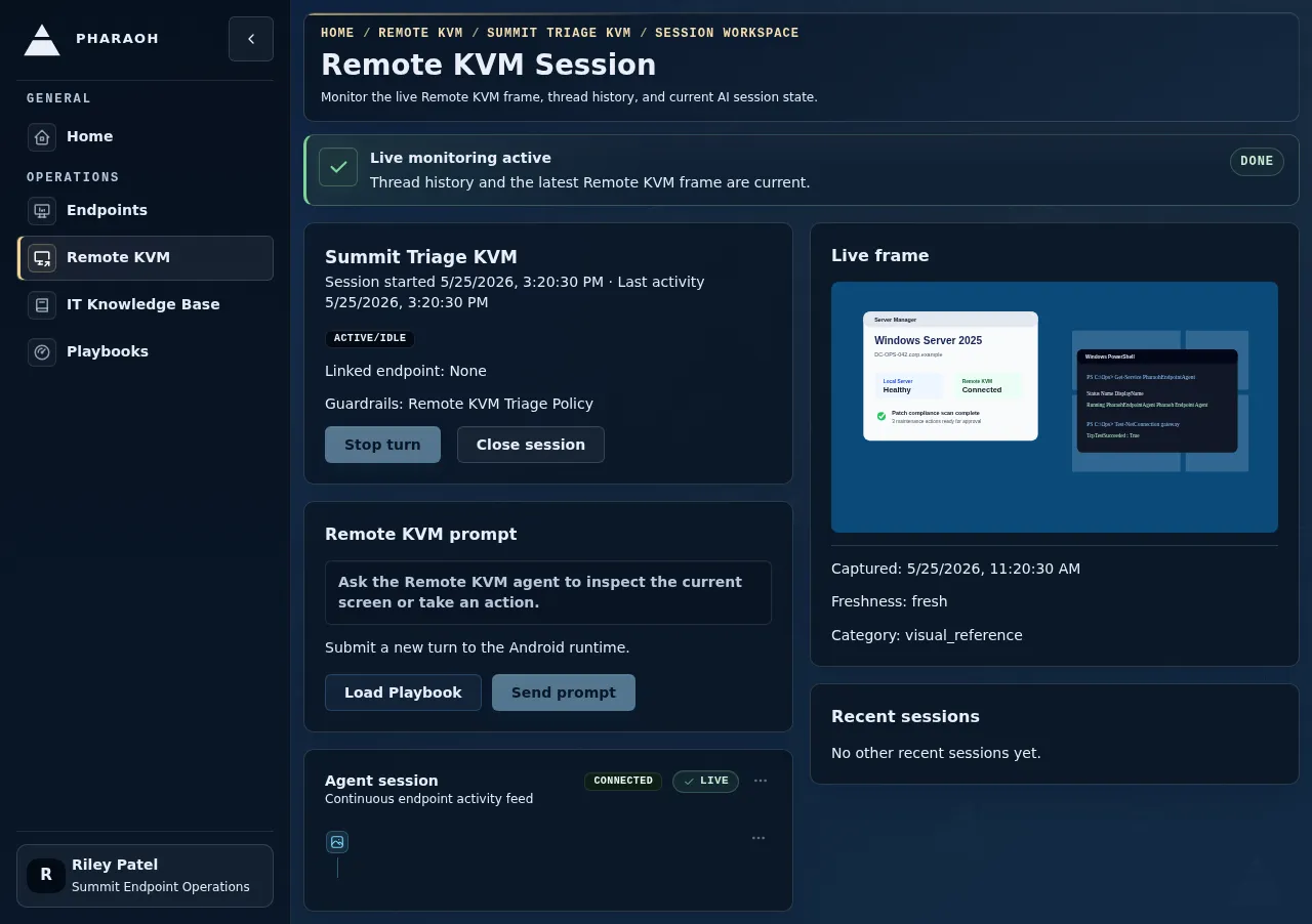 Remote KVM session workspace with live frame monitoring.