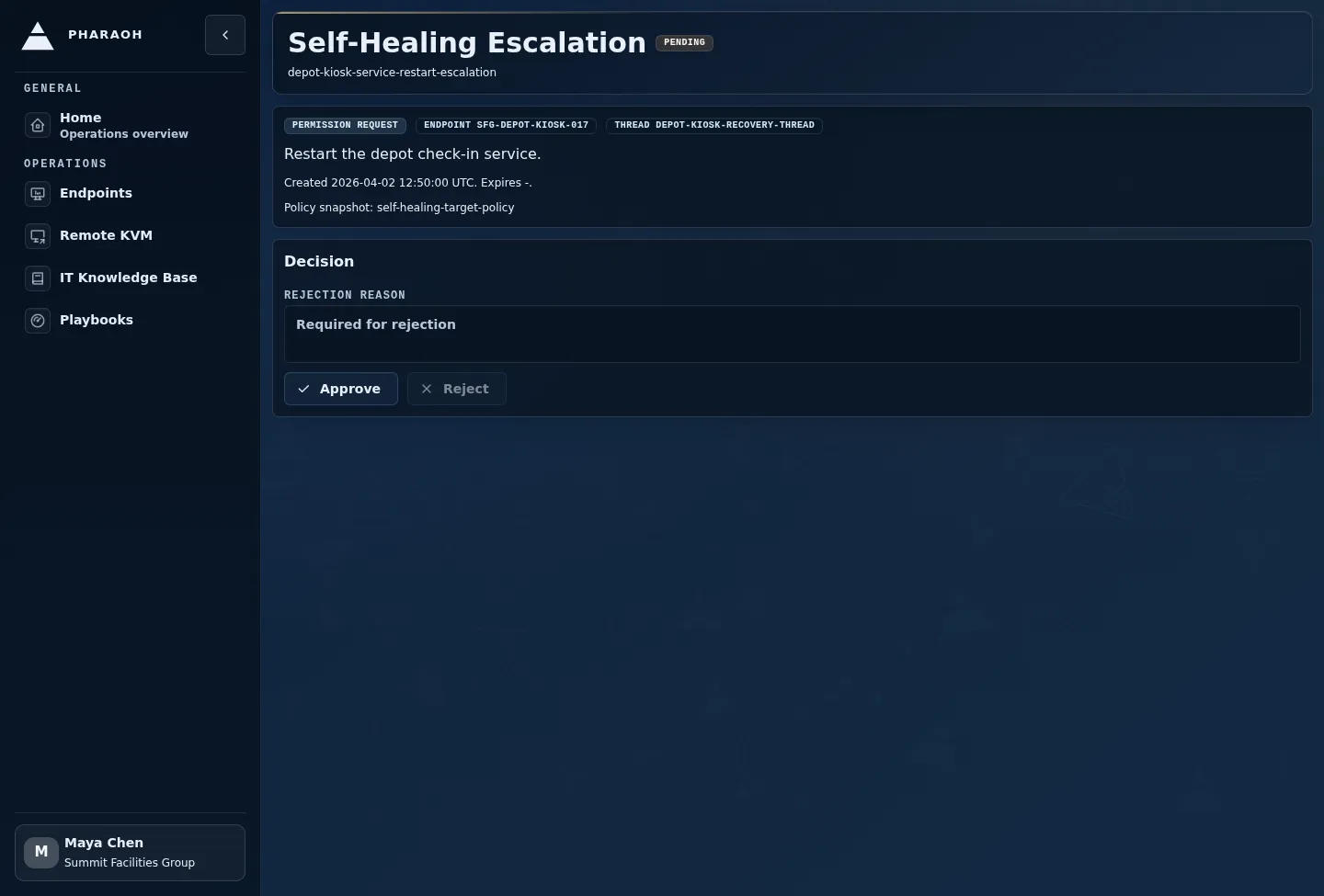 Self-healing escalation detail showing the request, policy snapshot, and decision controls.