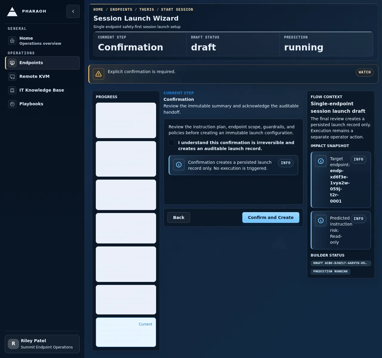 Session launch wizard showing the real confirmation step before creating an endpoint session.