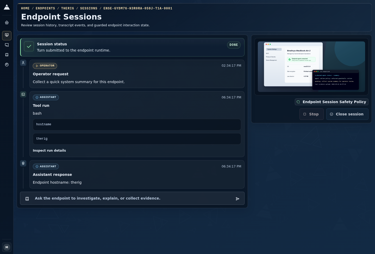 Live endpoint intelligence panel showing transport, screen, session history, and controls