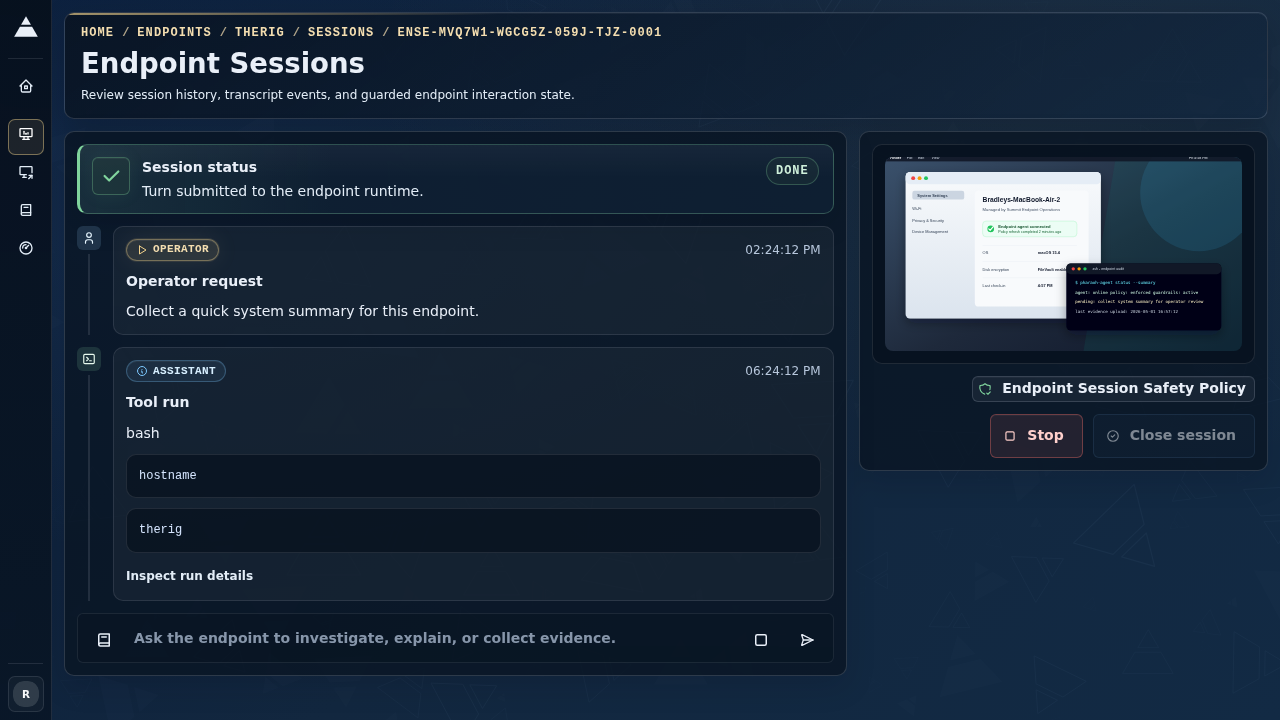 Endpoint session workspace showing a running guarded request, agent worklog, controls, and live endpoint intelligence
