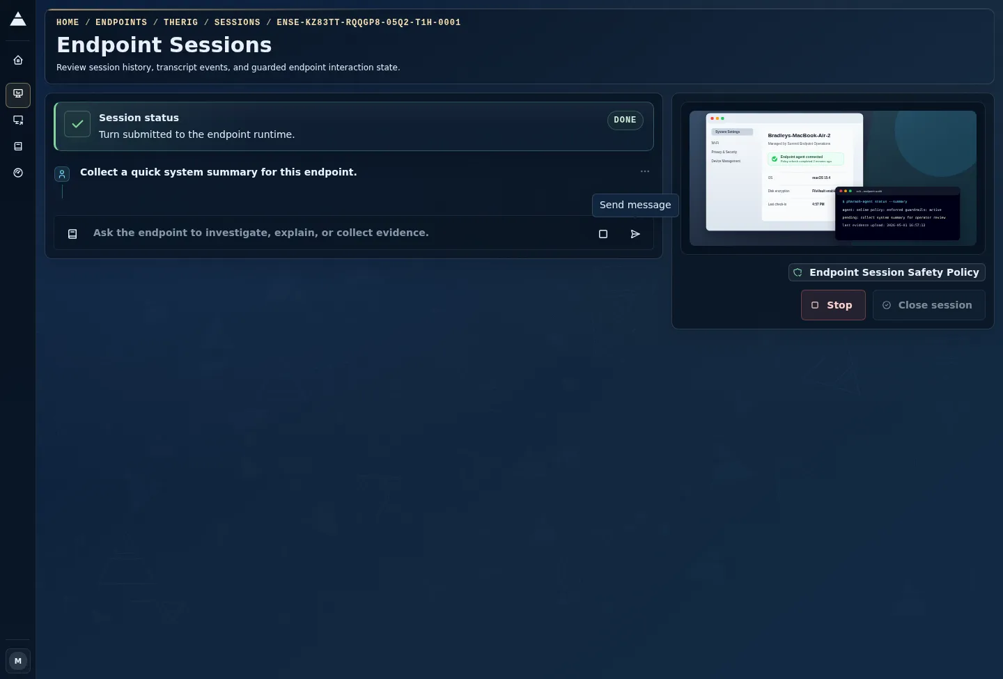 Dark endpoint session workspace showing an active guarded session, worklog, follow-up field, live endpoint intelligence, evidence ledger, and lifecycle controls.