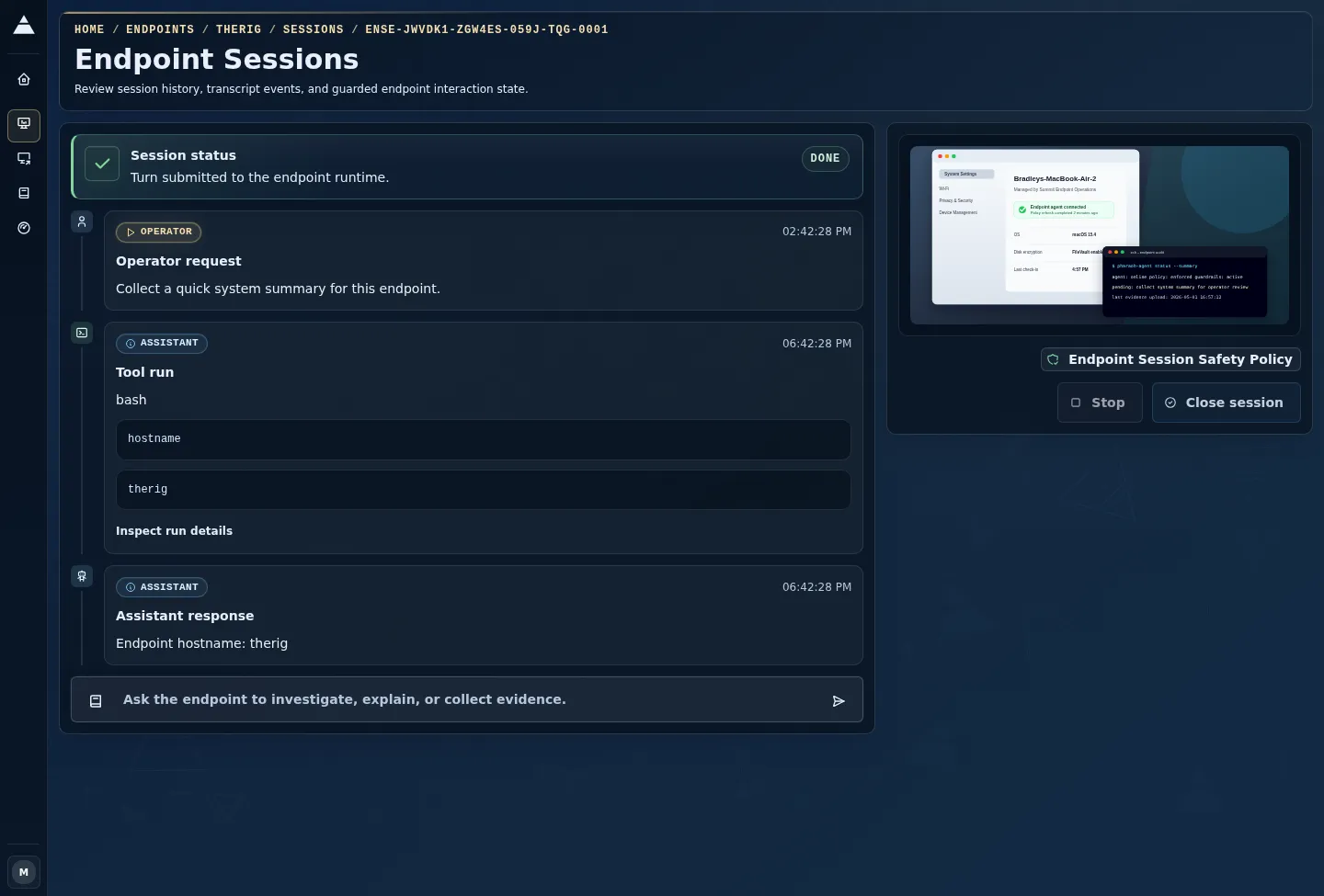 Dark endpoint session workspace showing an active guarded session, worklog, follow-up field, live endpoint intelligence, evidence ledger, and lifecycle controls.