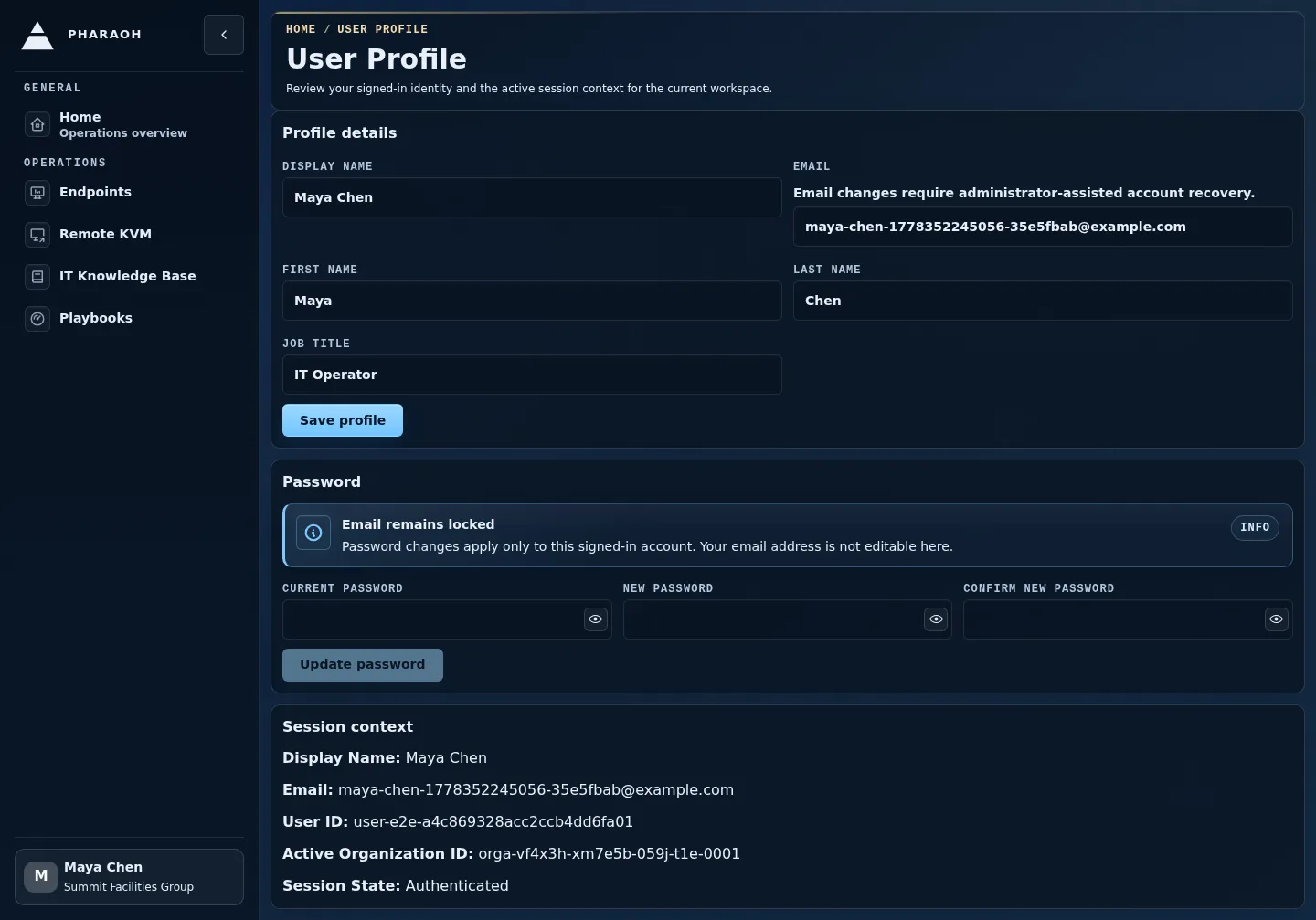 User Profile page showing identity details and the active session context.